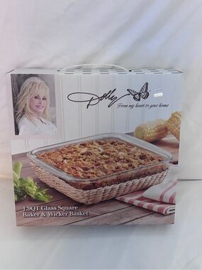 Dolly Glass Square Baker with Wicker Basket - White and Natural Tan